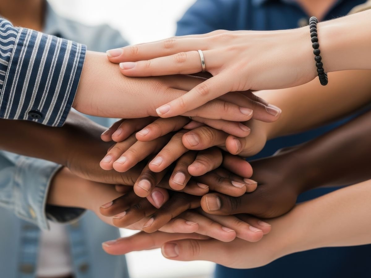 Many hands stacked together