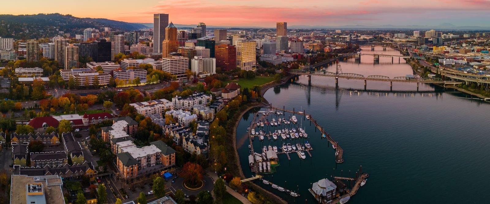 Downtown Portland and the Willamette River at sunset