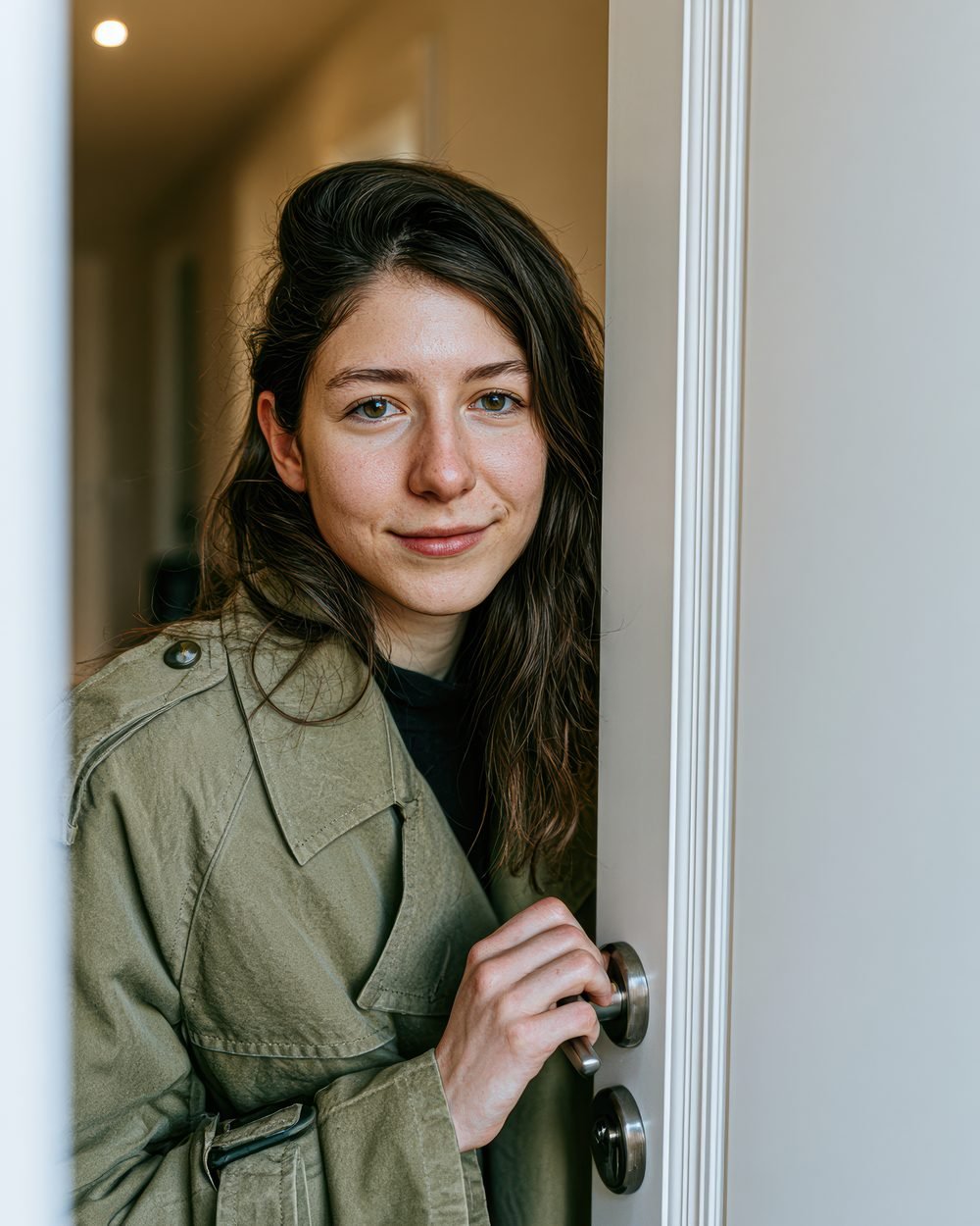 A woman opening the door of her new home
